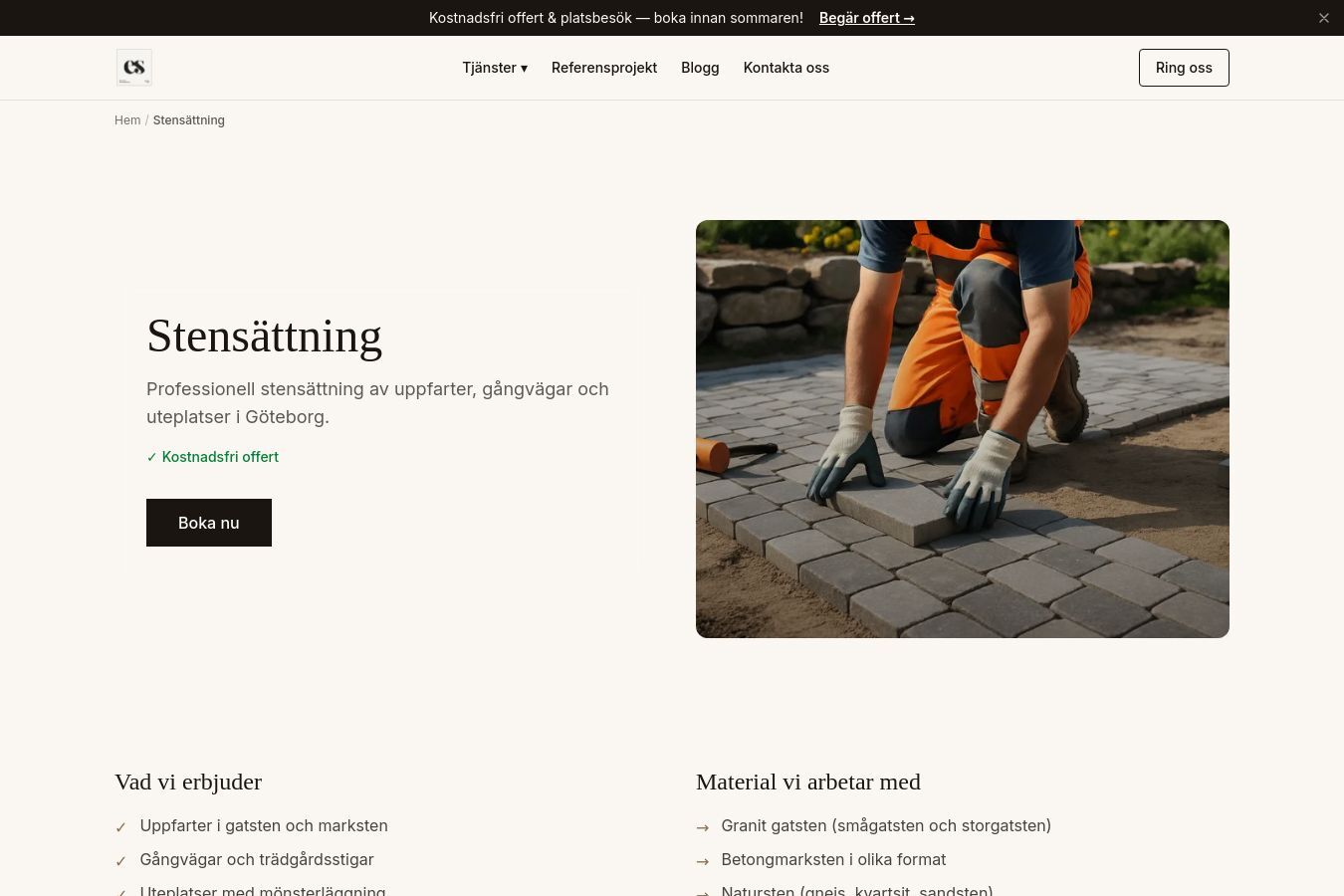 Screenshot of the ES Sten & Anläggning website, stone paving