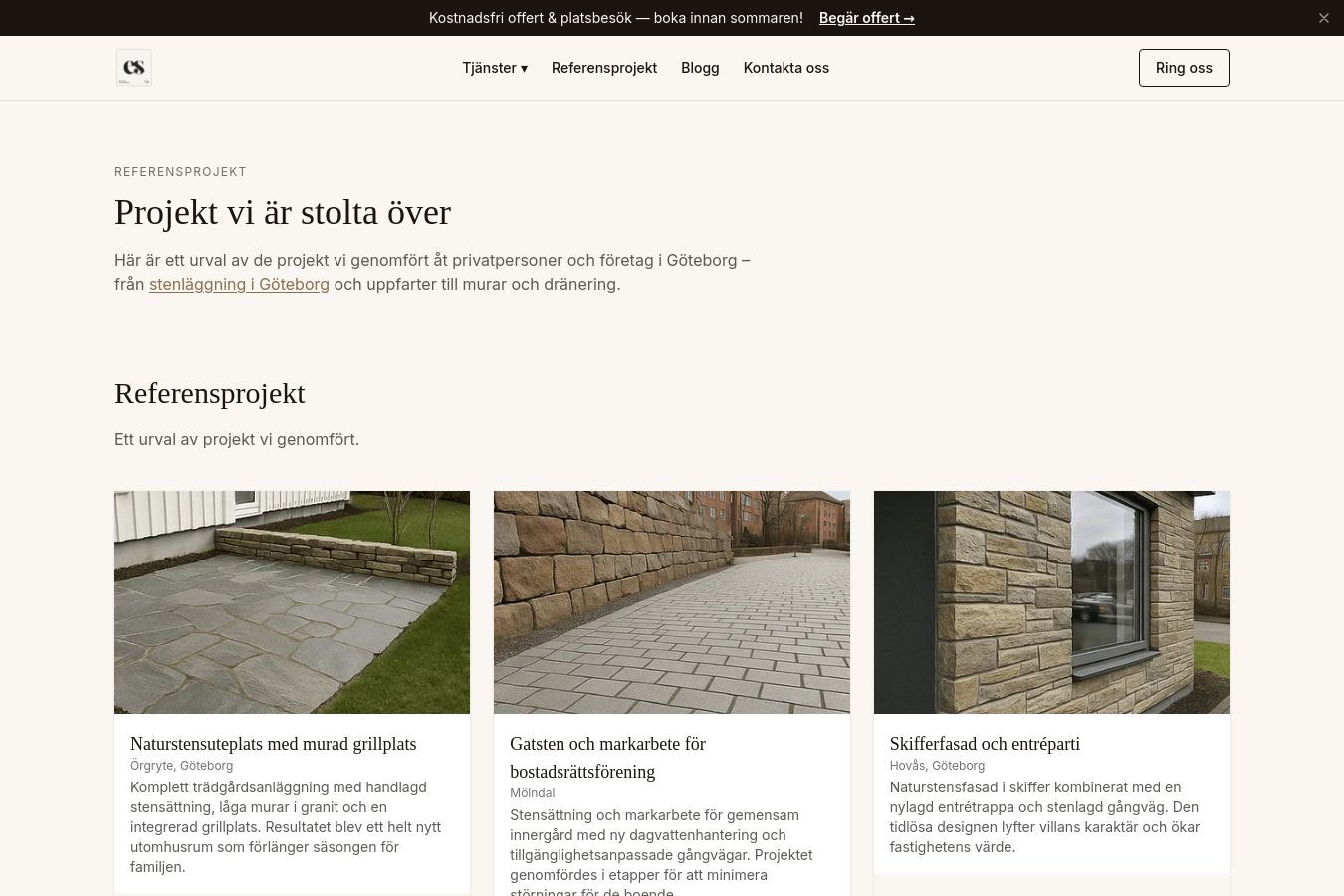 Screenshot of the ES Sten & Anläggning website, previous projects