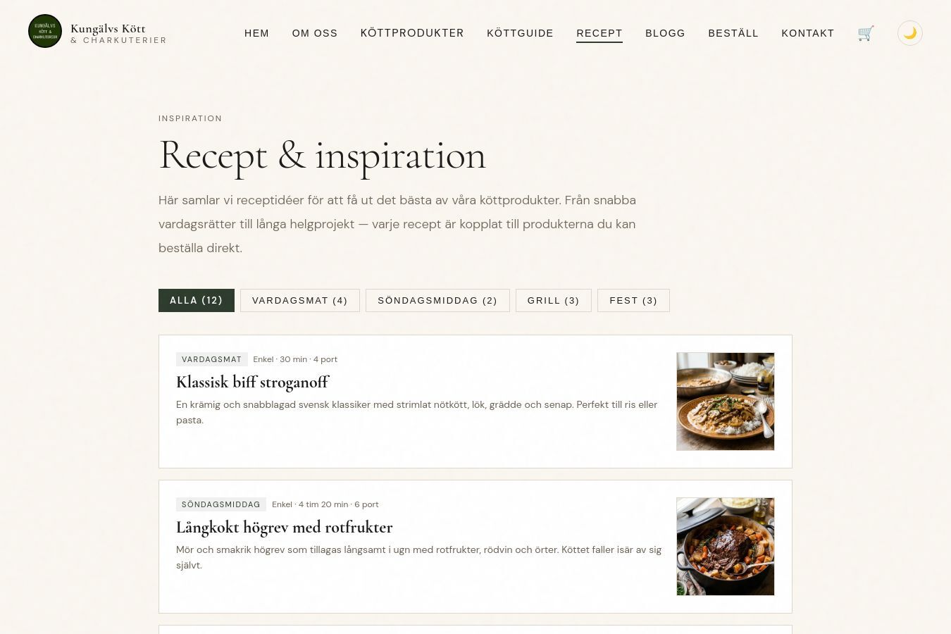 Screenshot of the Kungälvs Kött och Chark website, recipes