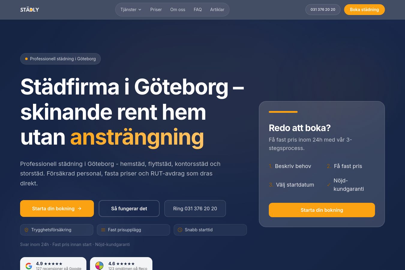 Screenshot of the Städly website, home page