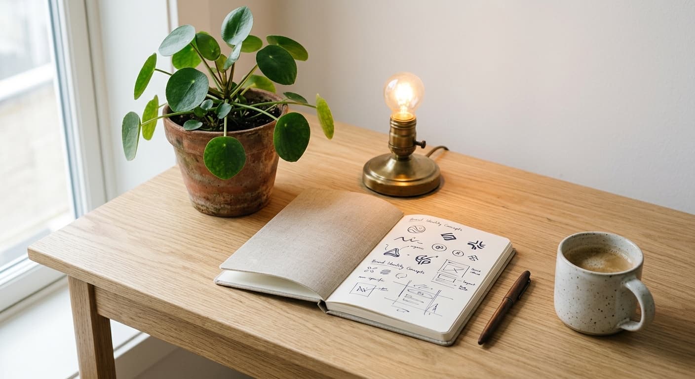 Generated illustration: a calm Scandinavian workspace with a pilea in a terracotta pot, a brass lamp, a notebook with brand sketches and a ceramic mug on an oak table